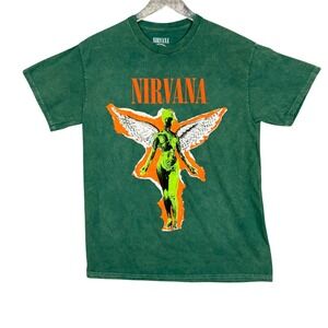 Nirvana Band Tee Mens Medium Green T-Shirt In Utero Angel Graphic Grunge‎ Retro